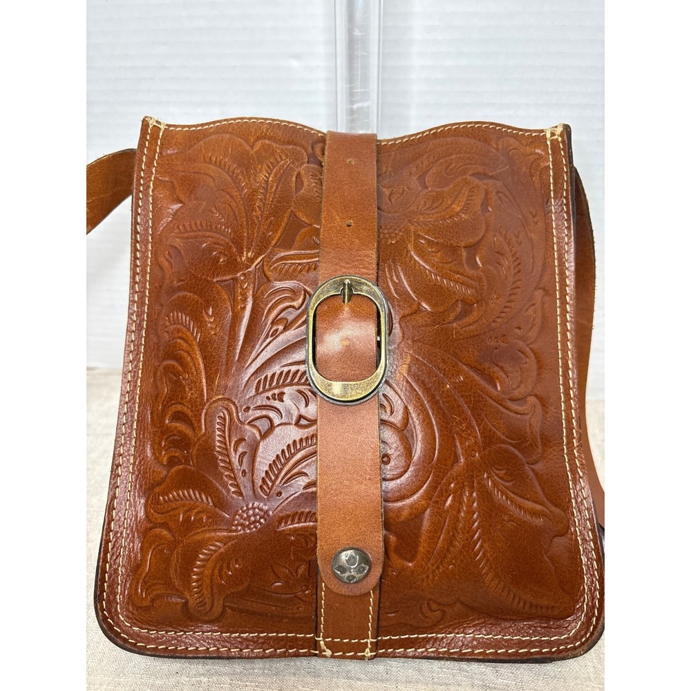 Patricia Nash Tan Tooled Leather Floral Embossed Crossbody Buckle Flap -see pics